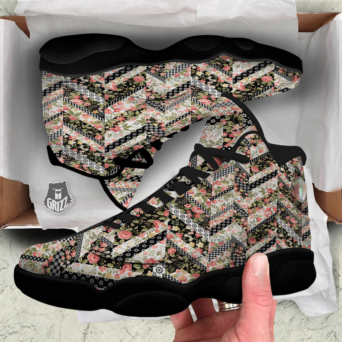 Zigzag Floral Patchwork Print Pattern Black Basketball Shoes-grizzshop