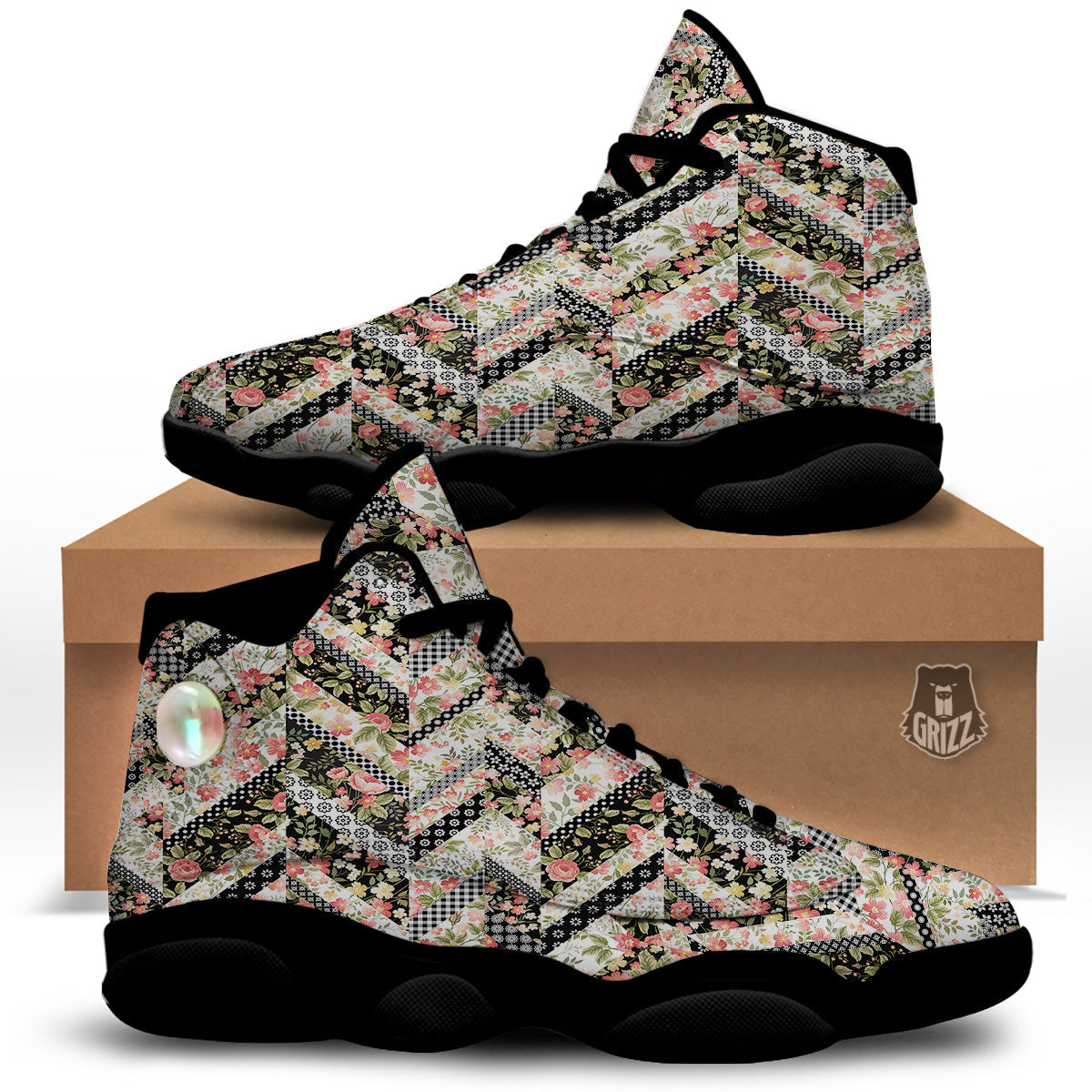 Zigzag Floral Patchwork Print Pattern Black Basketball Shoes-grizzshop