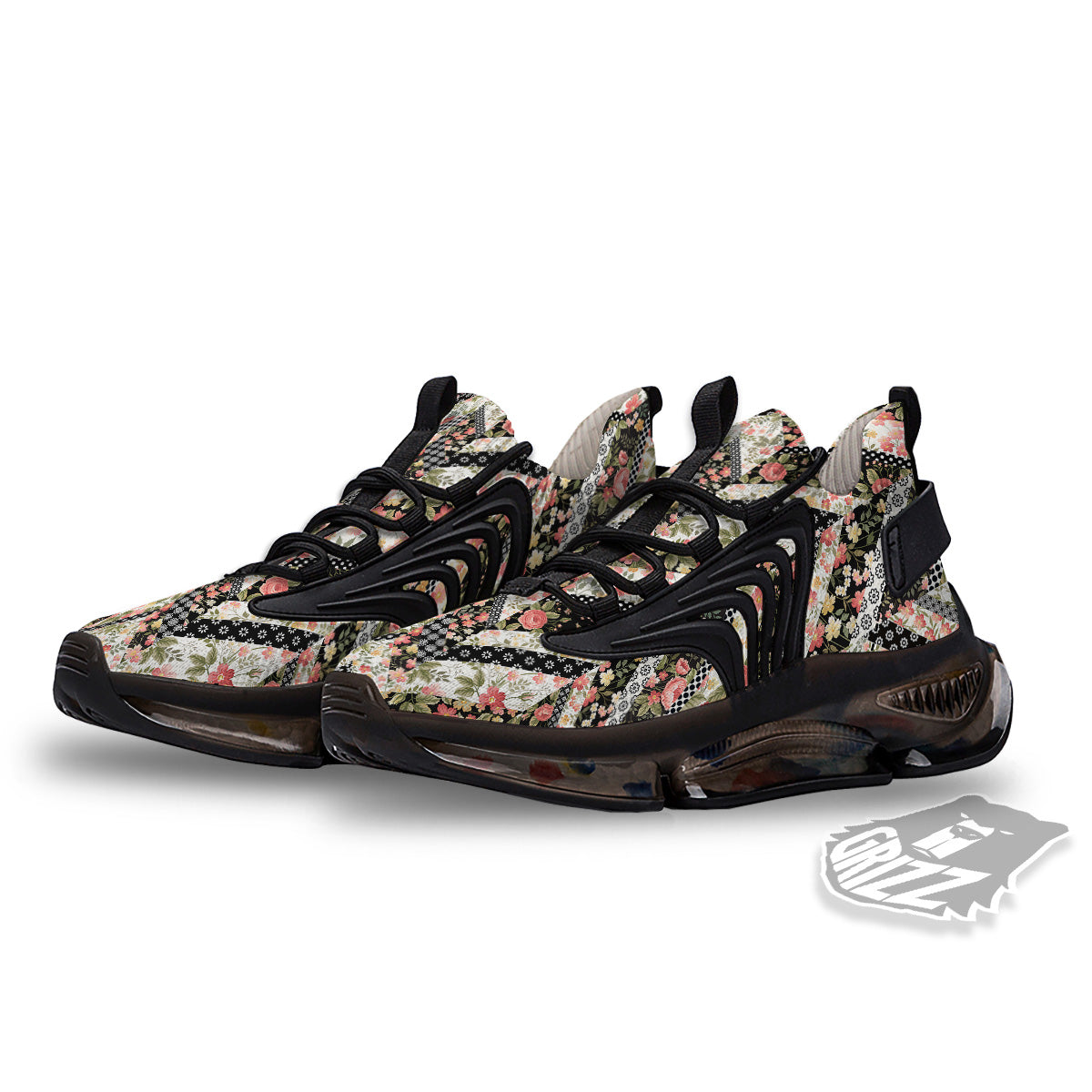 Zigzag Floral Patchwork Print Pattern Black Gym Shoes-grizzshop