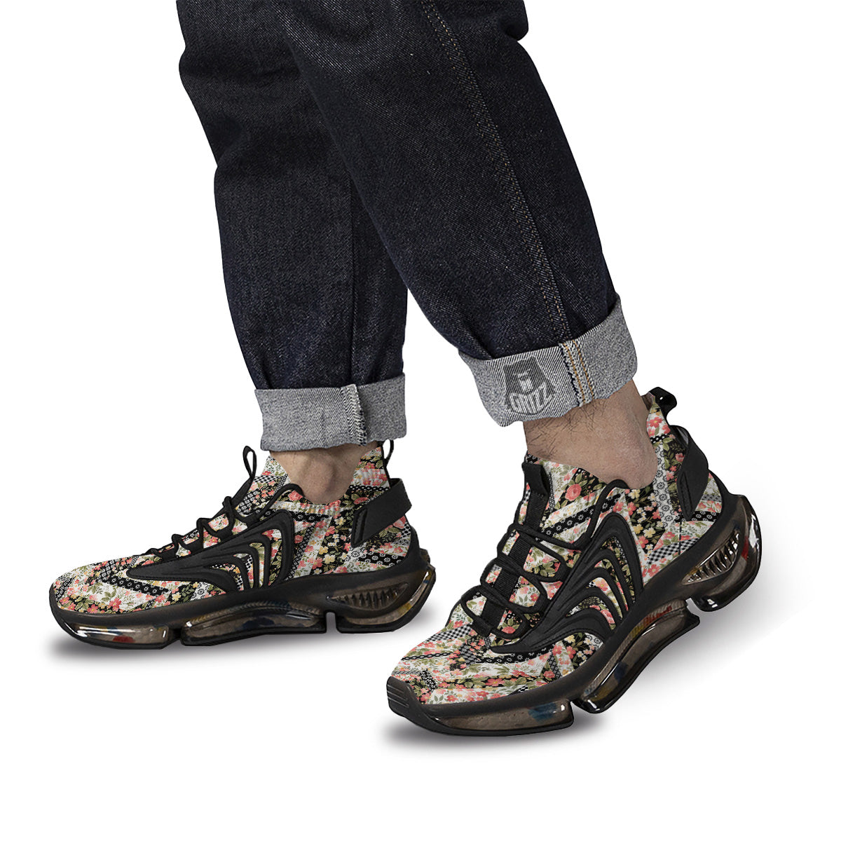 Zigzag Floral Patchwork Print Pattern Black Gym Shoes-grizzshop