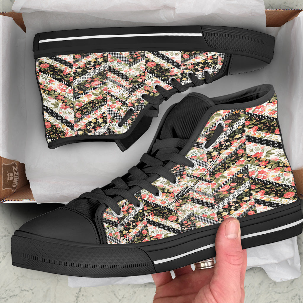 Zigzag Floral Patchwork Print Pattern Black High Top Shoes-grizzshop