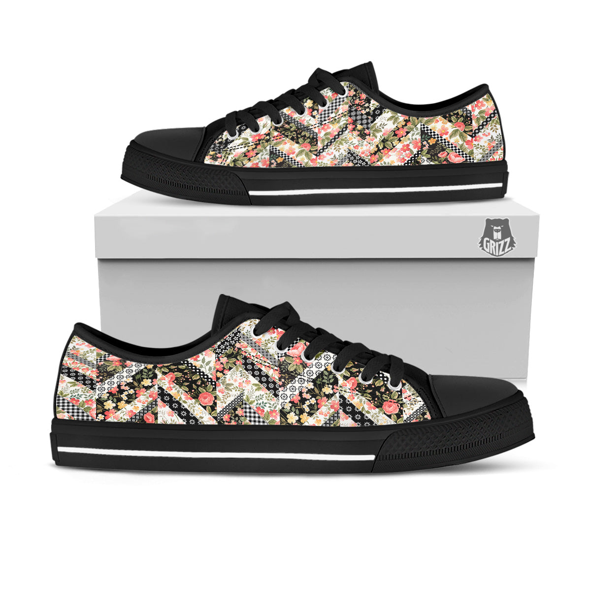 Zigzag Floral Patchwork Print Pattern Black Low Top Shoes-grizzshop