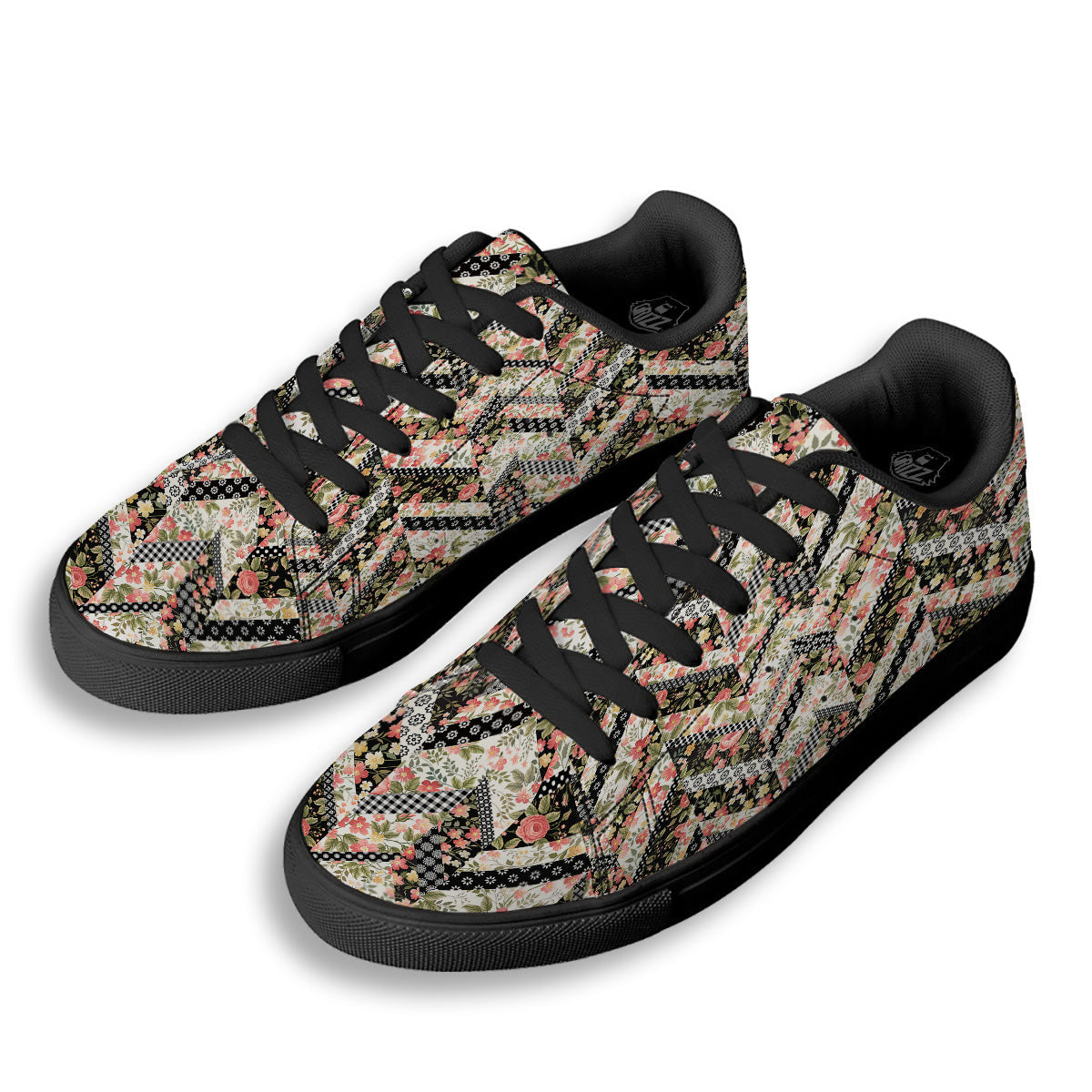 Zigzag Floral Patchwork Print Pattern Black Low Top Sneakers-grizzshop