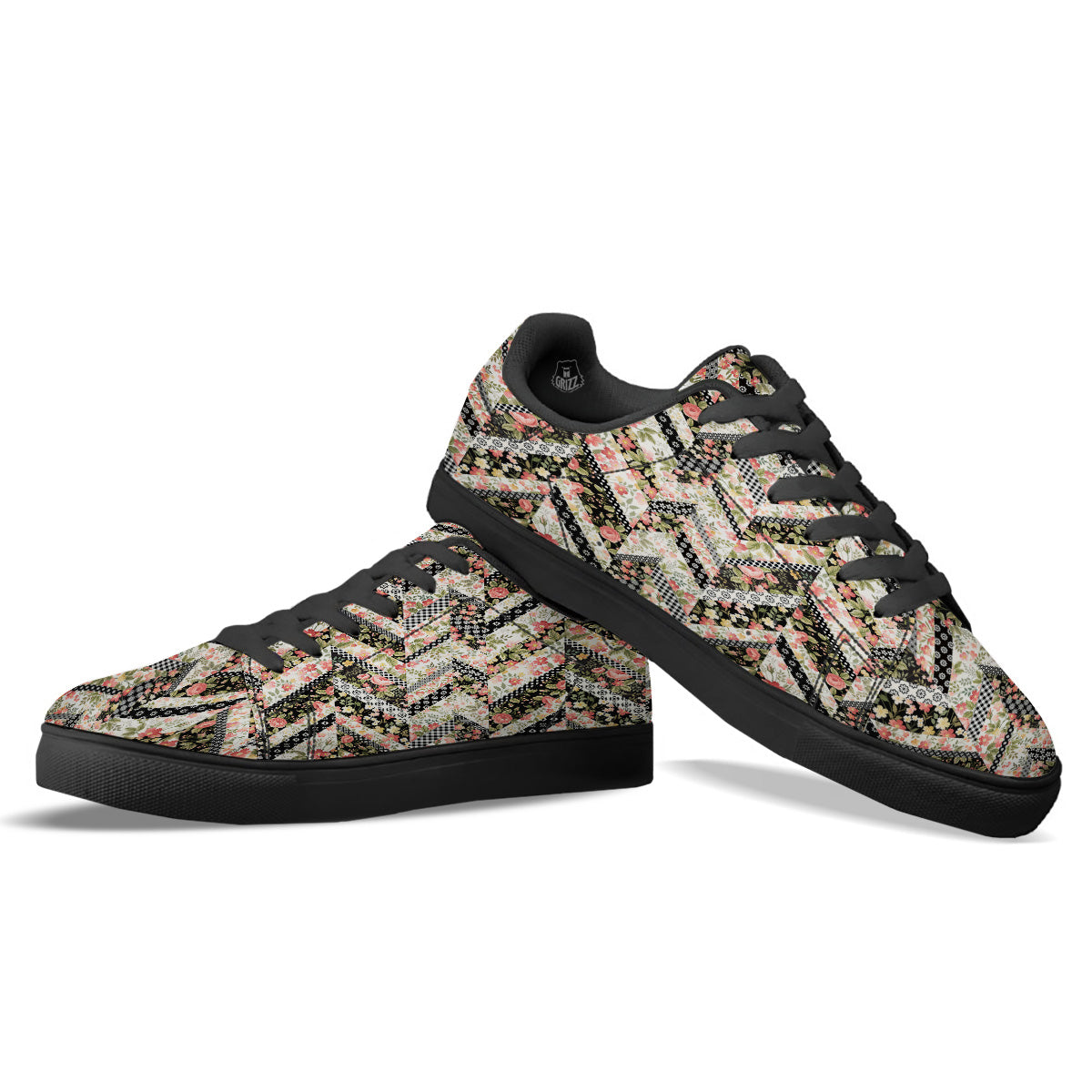 Zigzag Floral Patchwork Print Pattern Black Low Top Sneakers-grizzshop