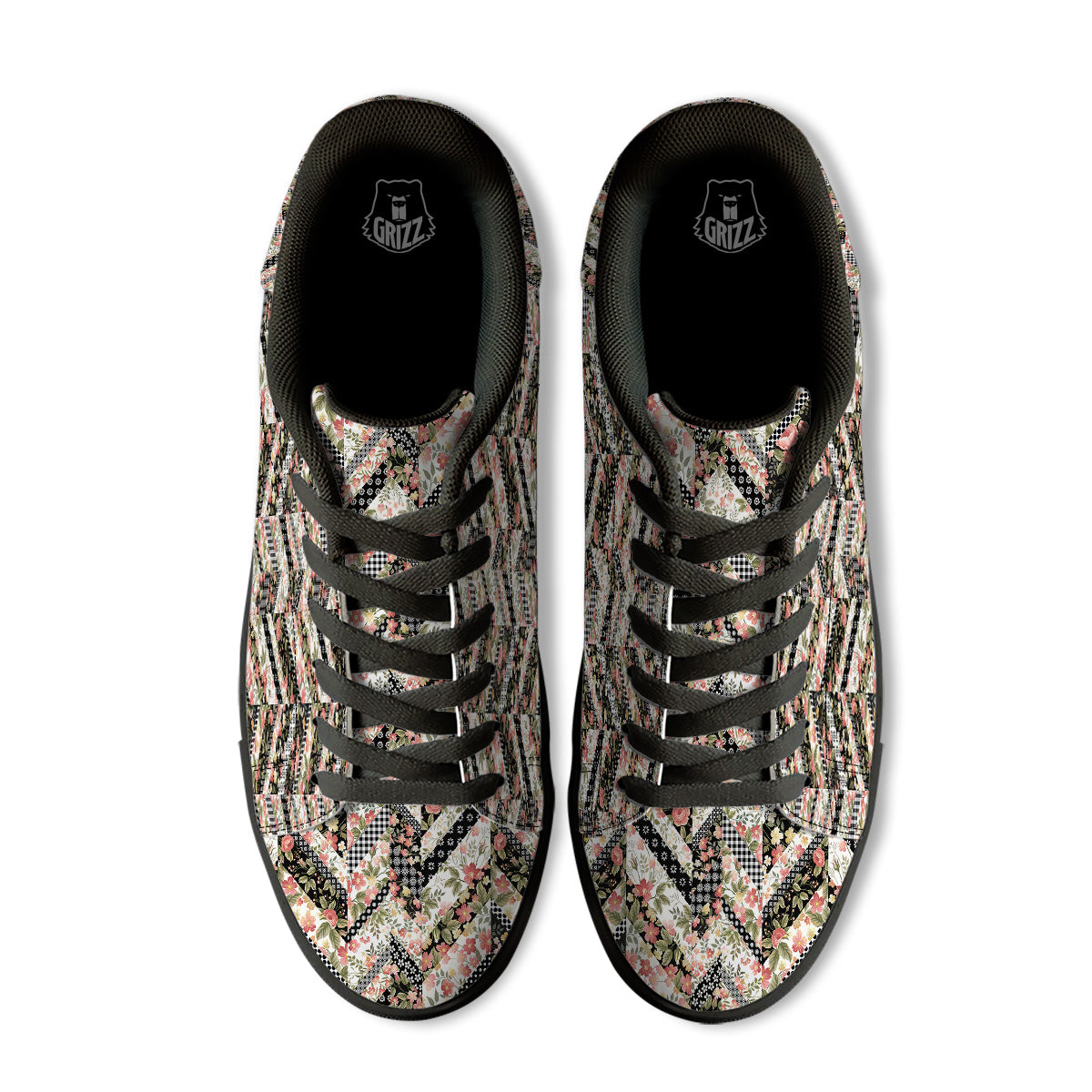 Zigzag Floral Patchwork Print Pattern Black Low Top Sneakers-grizzshop