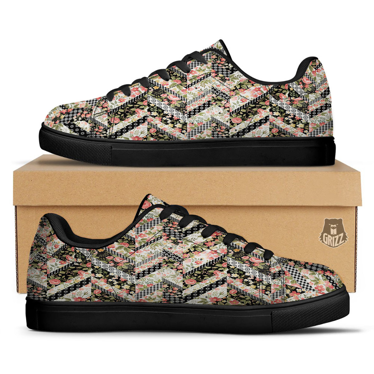 Zigzag Floral Patchwork Print Pattern Black Low Top Sneakers-grizzshop