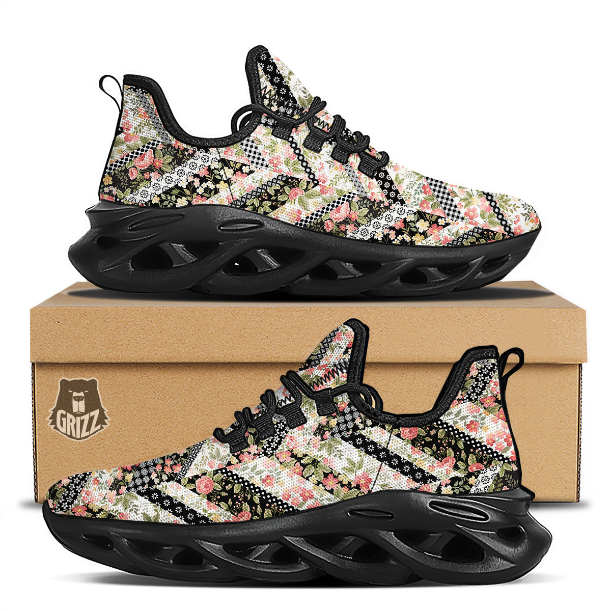 Zigzag Floral Patchwork Print Pattern Black Running Shoes-grizzshop