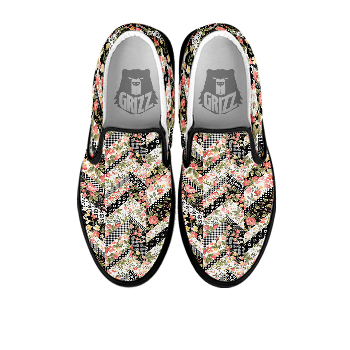 Zigzag Floral Patchwork Print Pattern Black Slip On Shoes-grizzshop