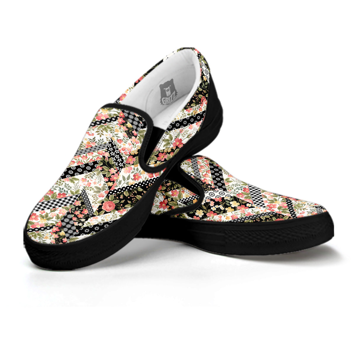 Zigzag Floral Patchwork Print Pattern Black Slip On Shoes-grizzshop