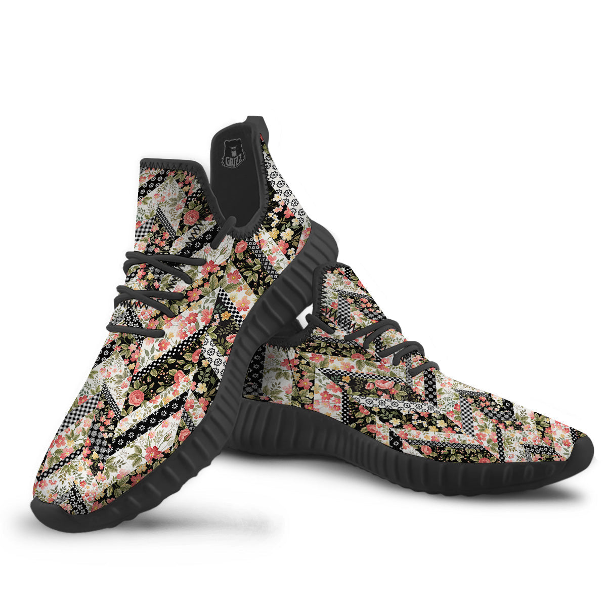 Zigzag Floral Patchwork Print Pattern Black Walking Shoes-grizzshop