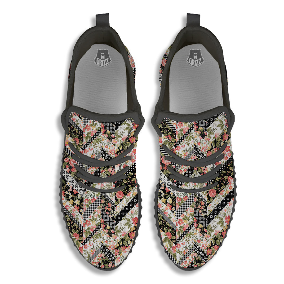 Zigzag Floral Patchwork Print Pattern Black Walking Shoes-grizzshop