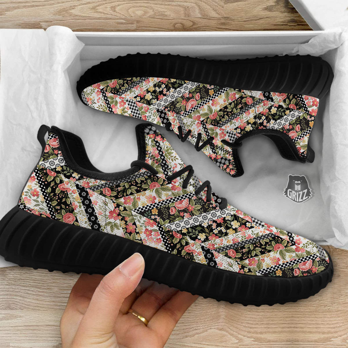 Zigzag Floral Patchwork Print Pattern Black Walking Shoes-grizzshop
