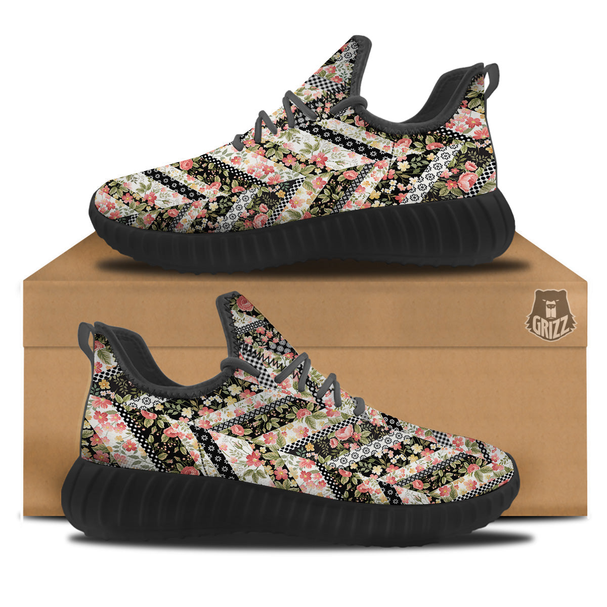 Zigzag Floral Patchwork Print Pattern Black Walking Shoes-grizzshop