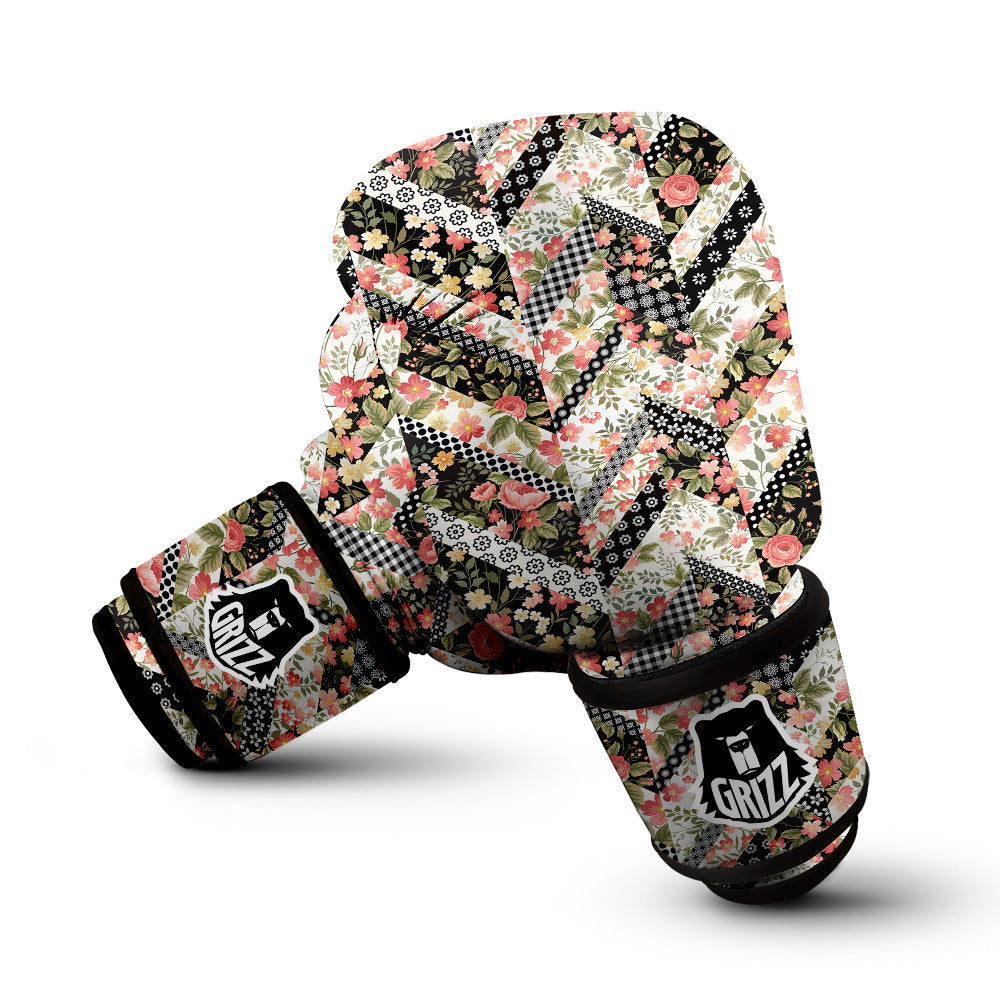 Zigzag Floral Patchwork Print Pattern Boxing Gloves-grizzshop
