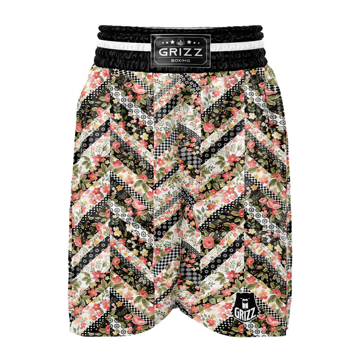 Zigzag Floral Patchwork Print Pattern Boxing Shorts-grizzshop