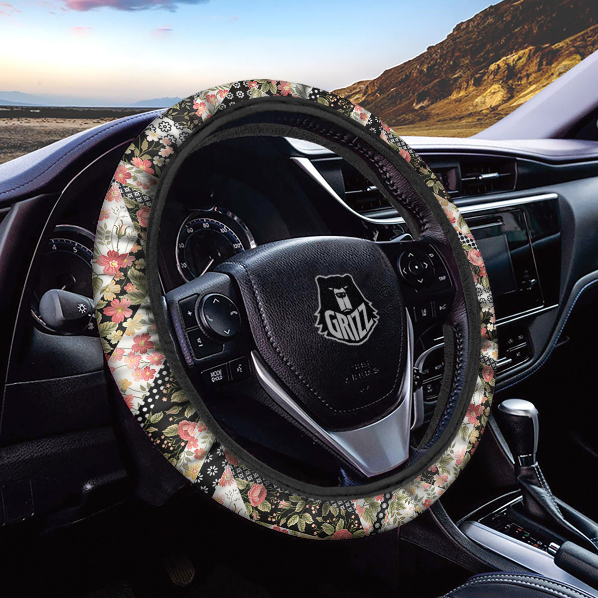 Zigzag Floral Patchwork Print Pattern Car Steering Wheel Cover-grizzshop