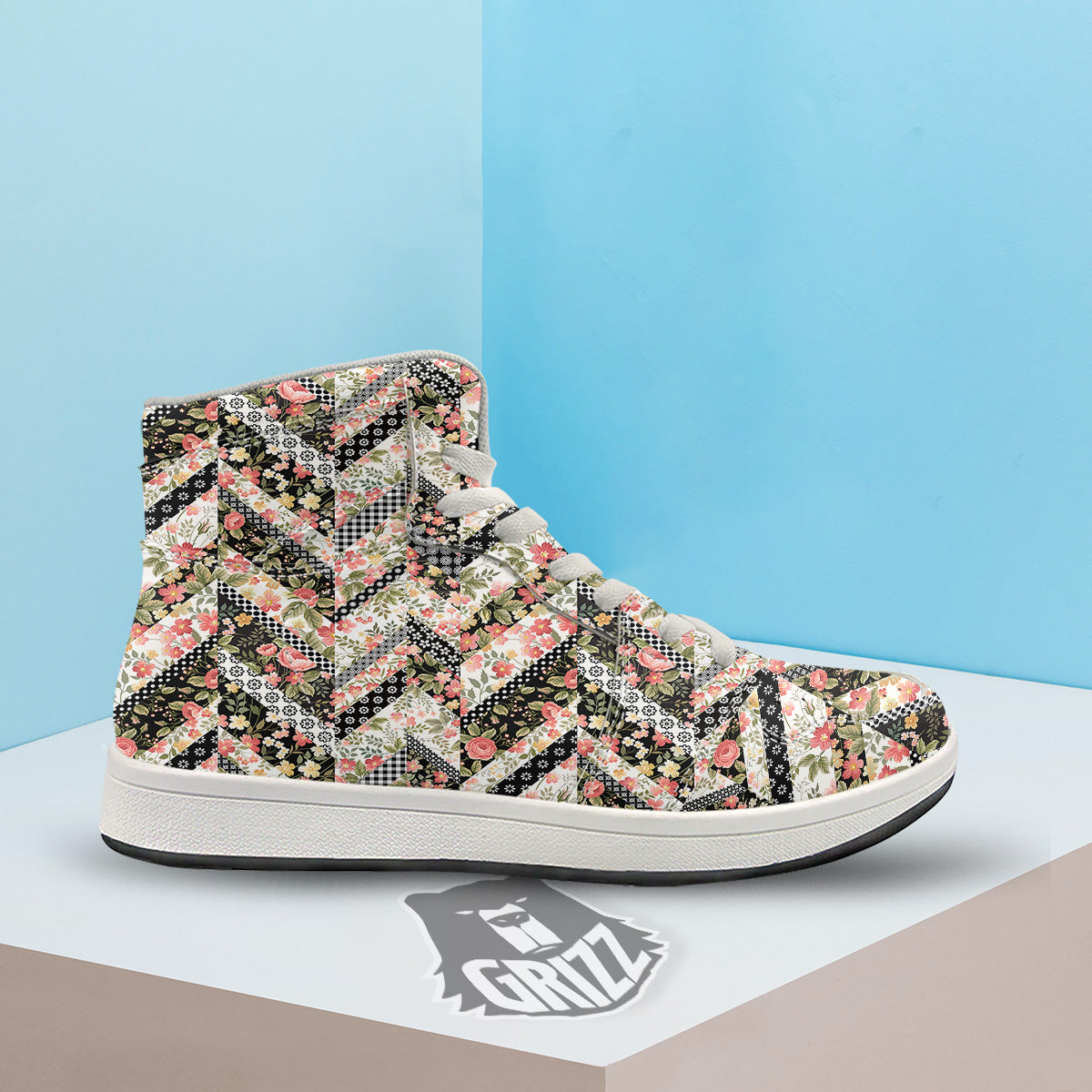 Zigzag Floral Patchwork Print Pattern High Top Sneakers-grizzshop