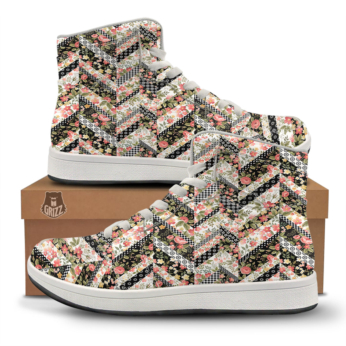Zigzag Floral Patchwork Print Pattern High Top Sneakers-grizzshop