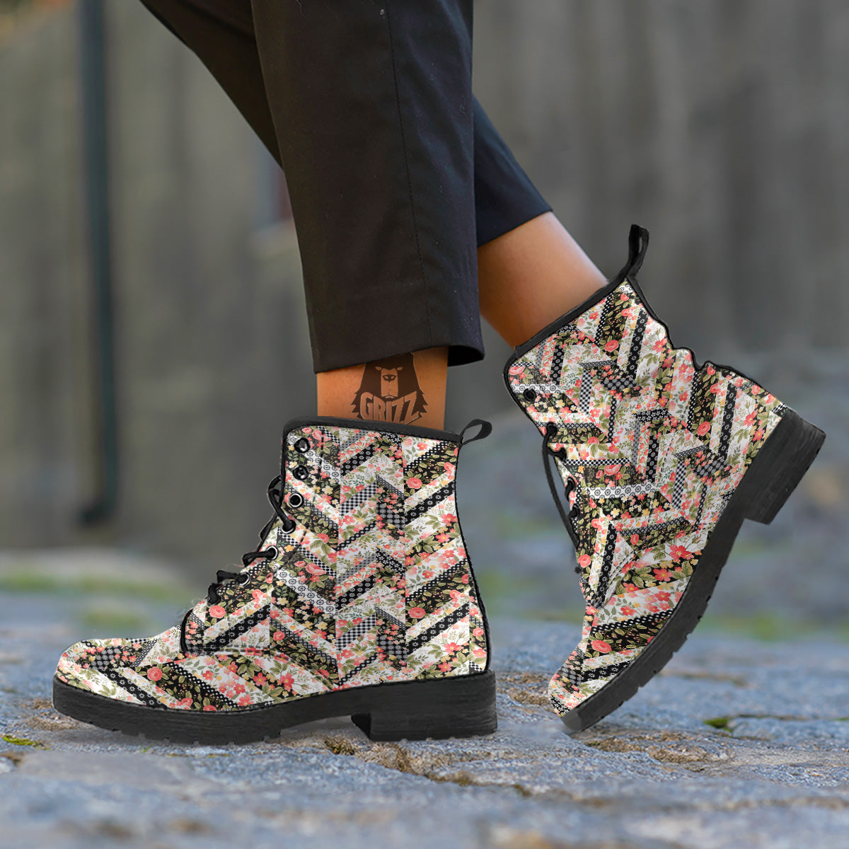 Zigzag Floral Patchwork Print Pattern Leather Boots-grizzshop