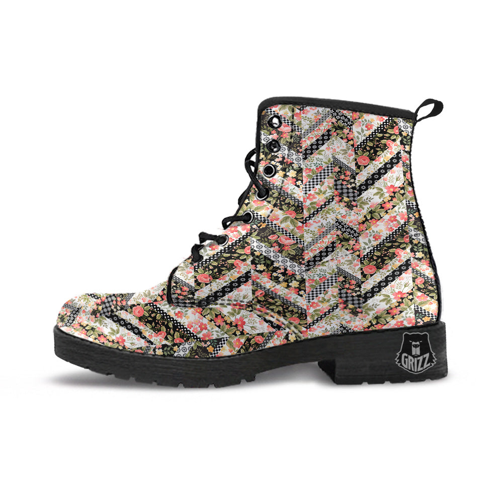Zigzag Floral Patchwork Print Pattern Leather Boots-grizzshop