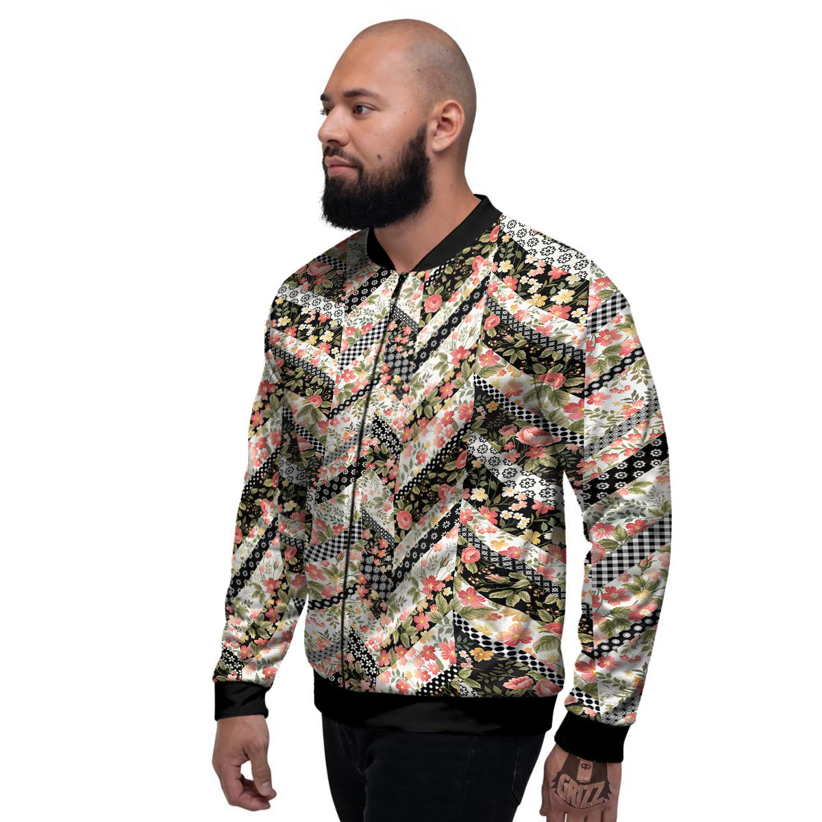 Zigzag Floral Patchwork Print Pattern Men's Bomber Jacket-grizzshop