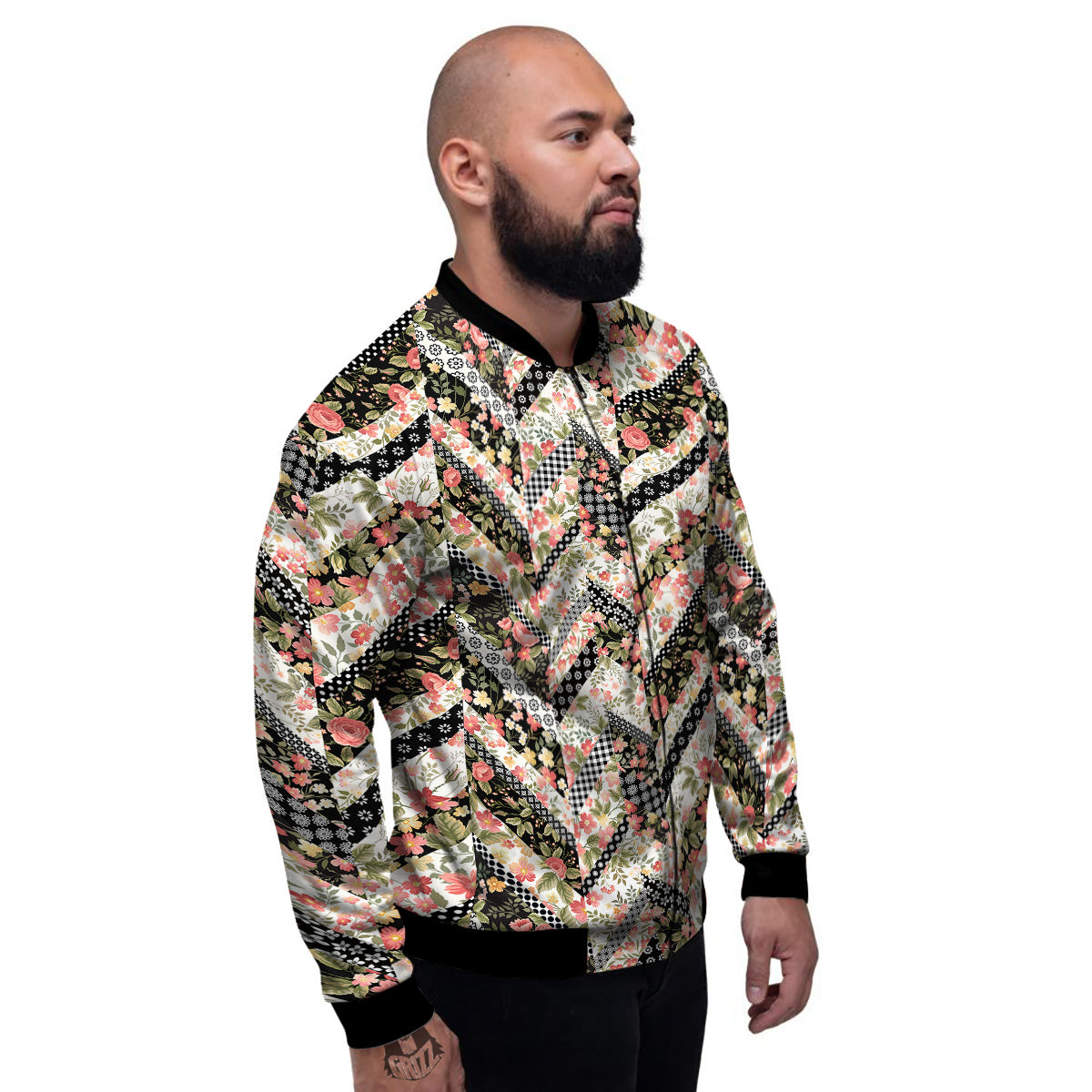 Zigzag Floral Patchwork Print Pattern Men's Bomber Jacket-grizzshop