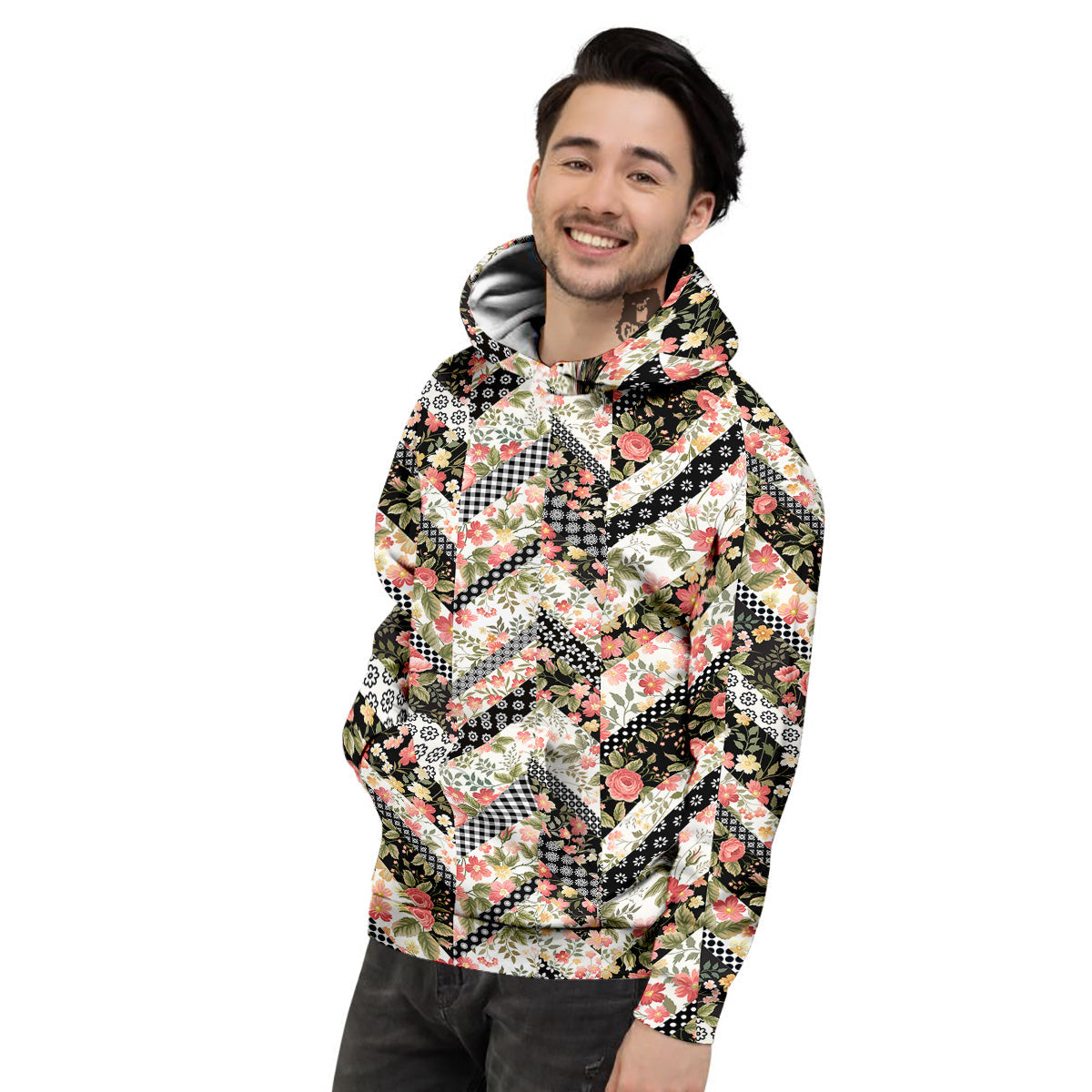Zigzag Floral Patchwork Print Pattern Men's Hoodie-grizzshop