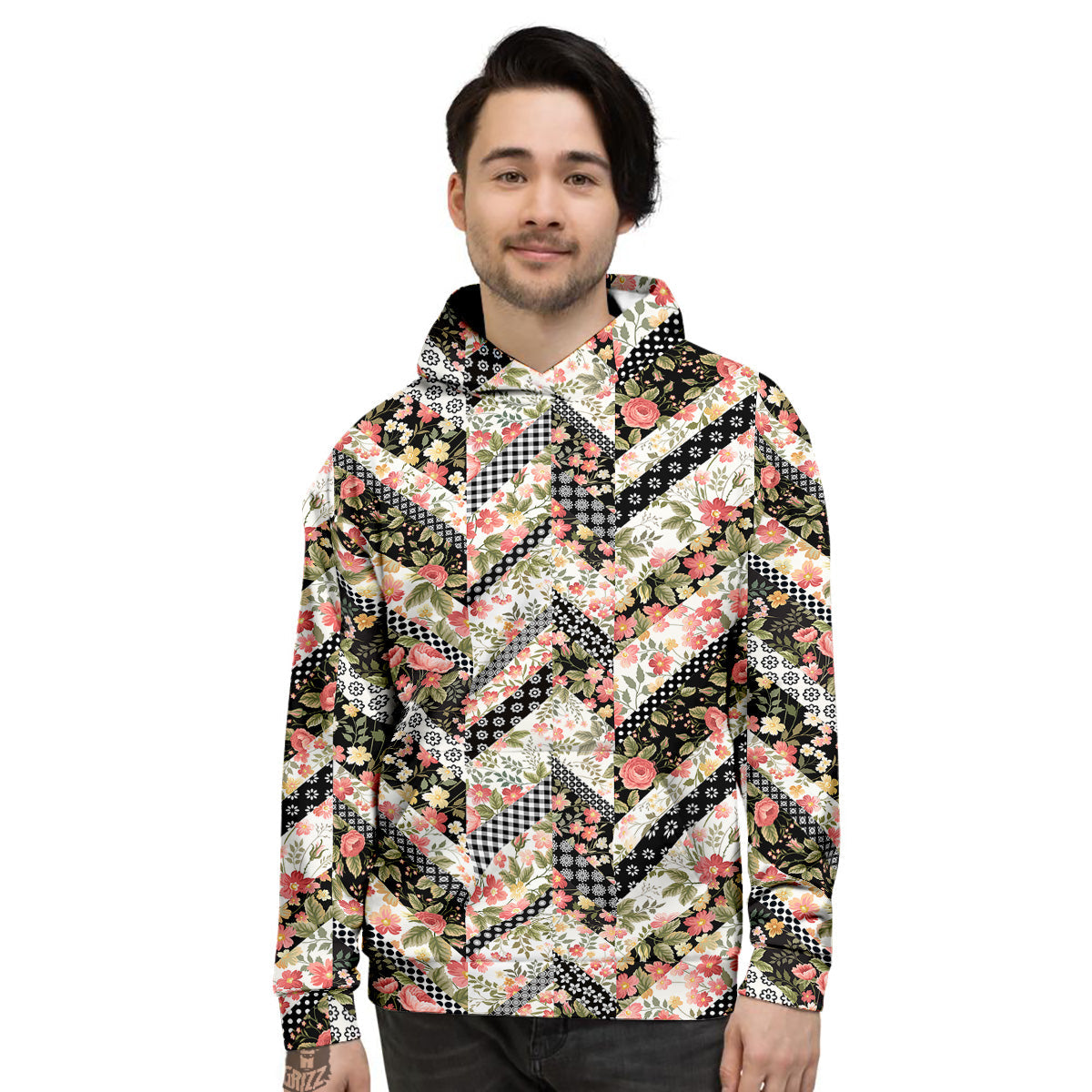 Zigzag Floral Patchwork Print Pattern Men's Hoodie-grizzshop