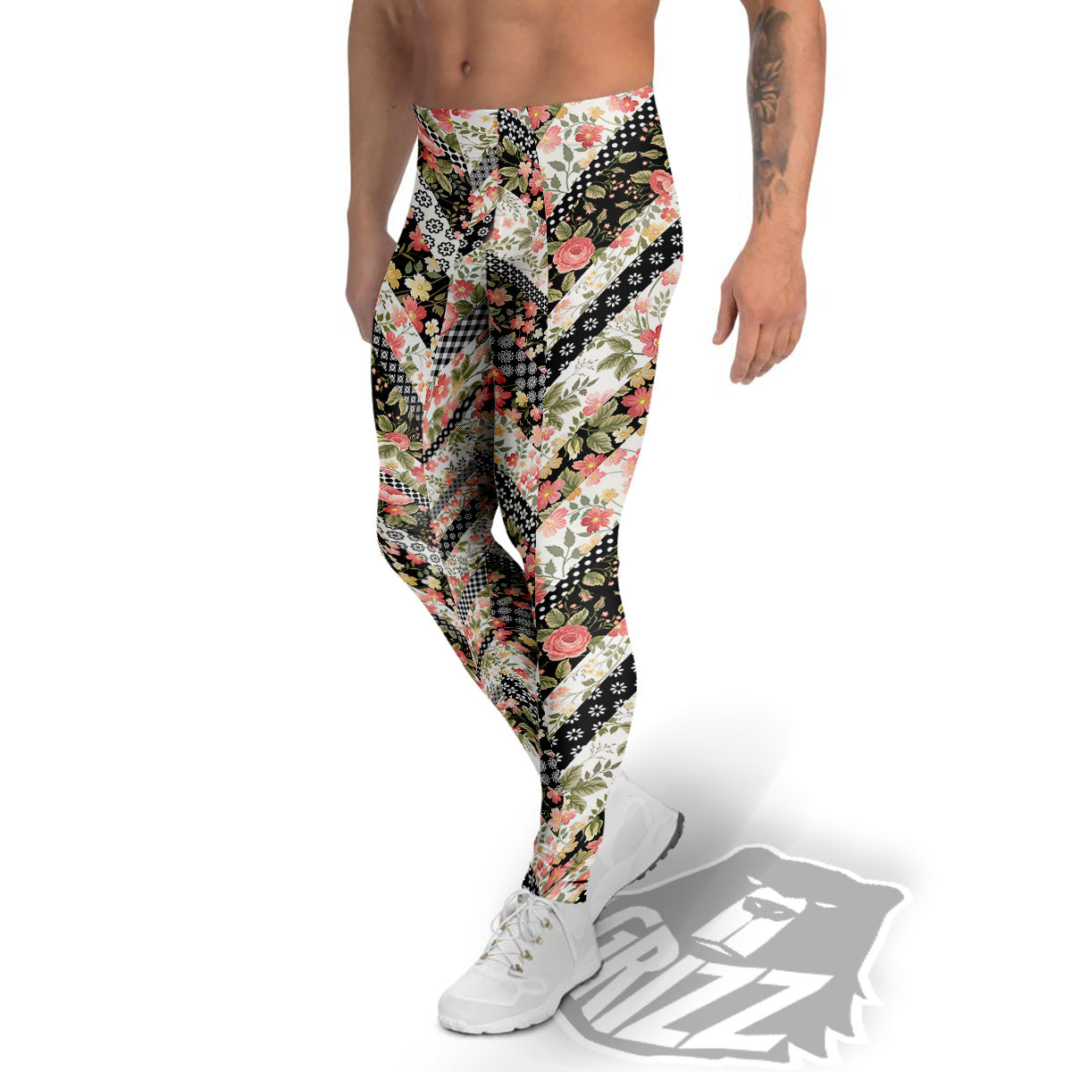 Zigzag Floral Patchwork Print Pattern Men's Leggings-grizzshop