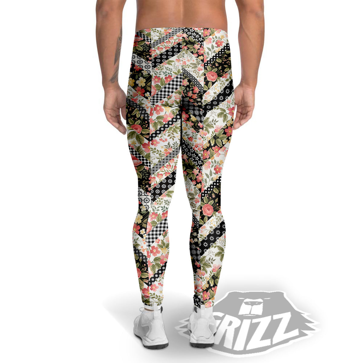 Zigzag Floral Patchwork Print Pattern Men's Leggings-grizzshop