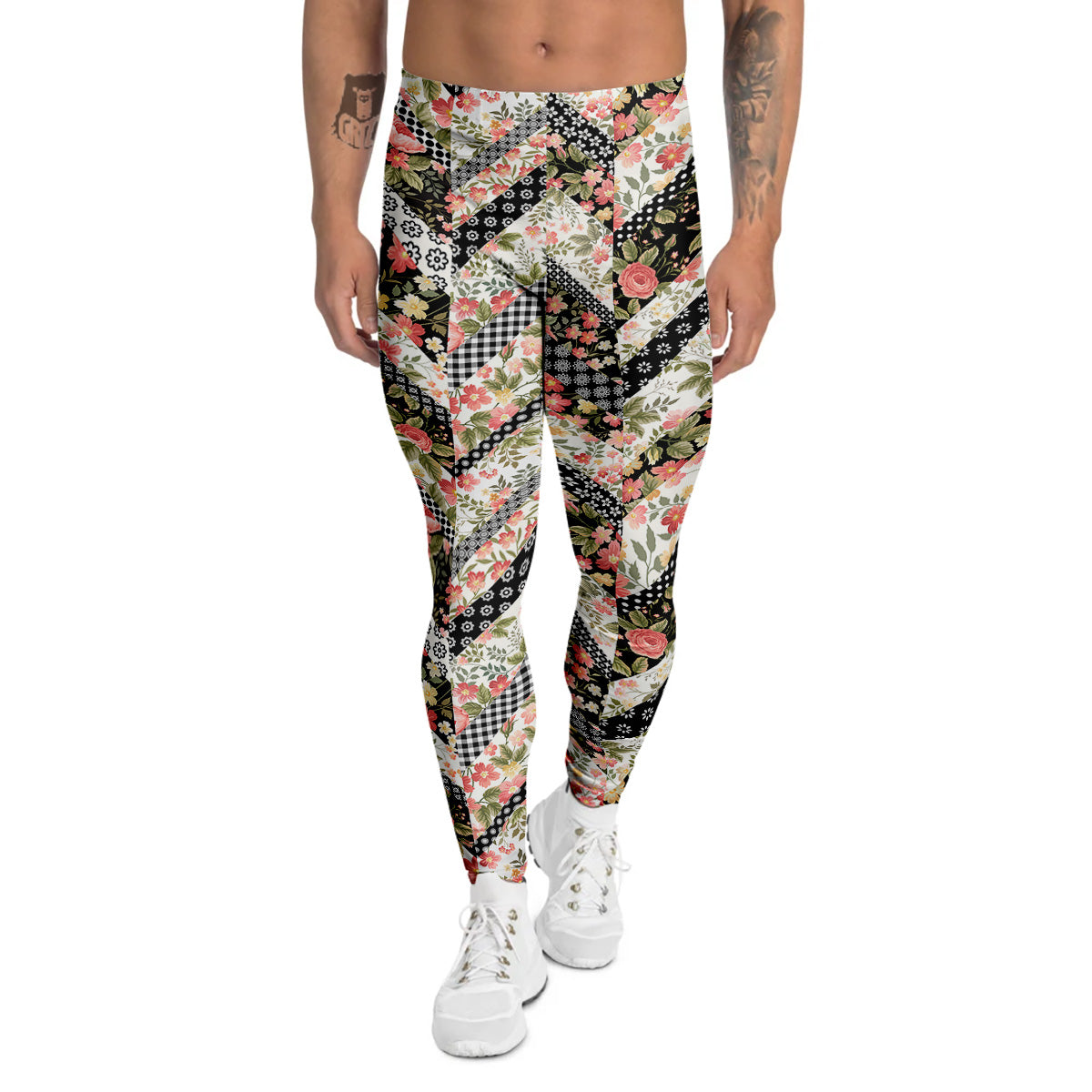 Zigzag Floral Patchwork Print Pattern Men's Leggings-grizzshop