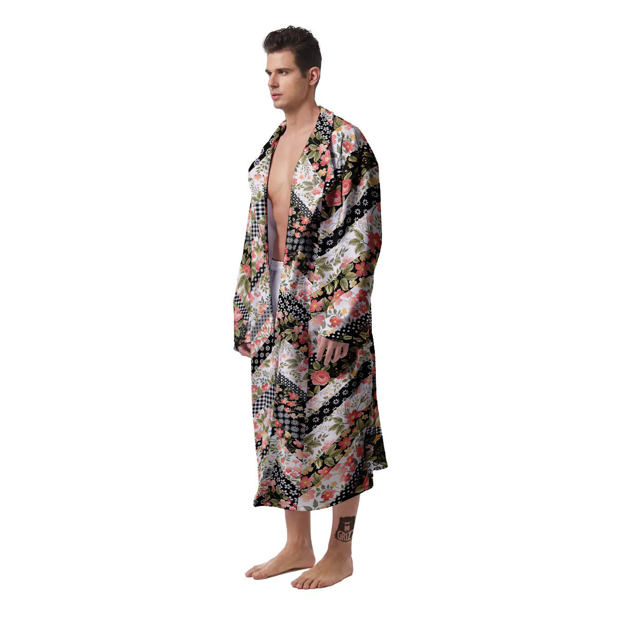 Zigzag Floral Patchwork Print Pattern Men's Robe-grizzshop