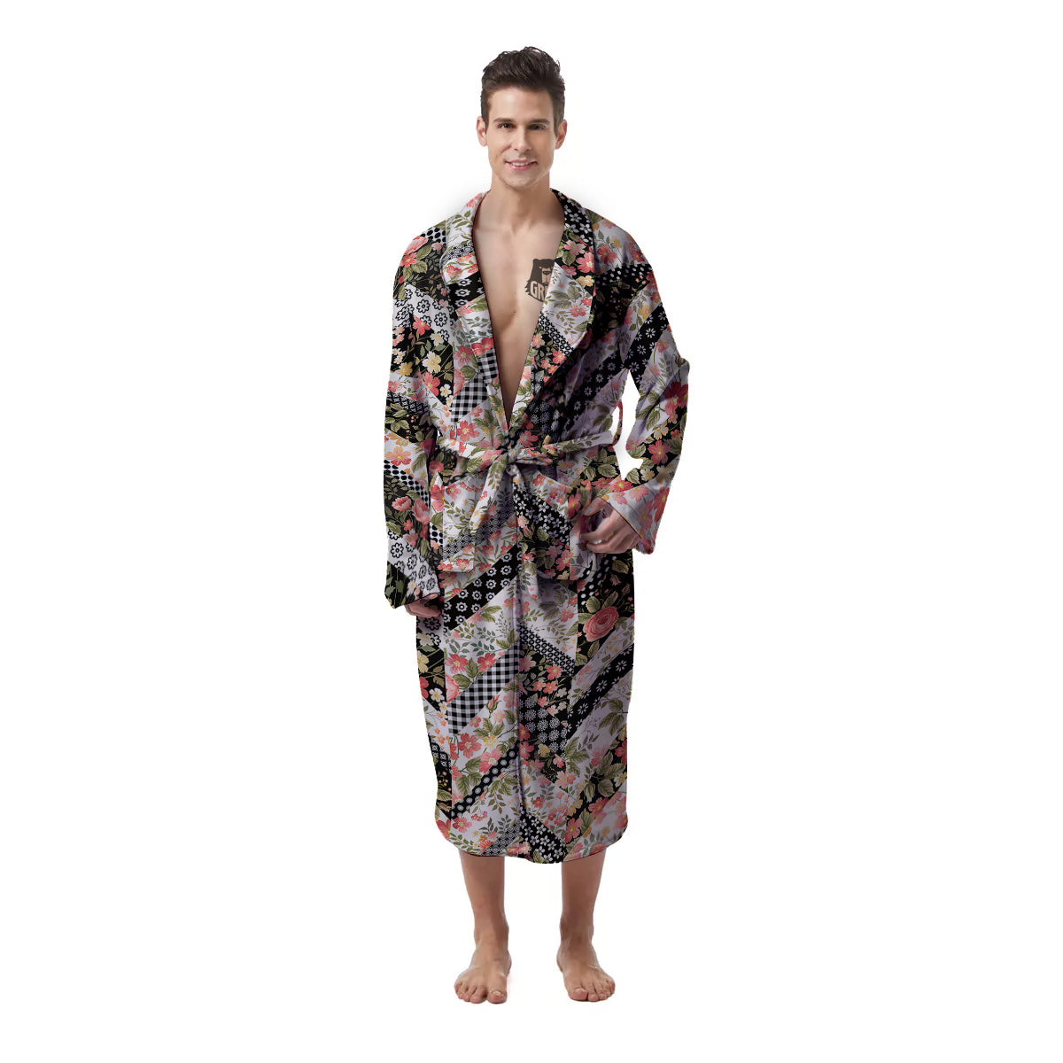 Zigzag Floral Patchwork Print Pattern Men's Robe-grizzshop