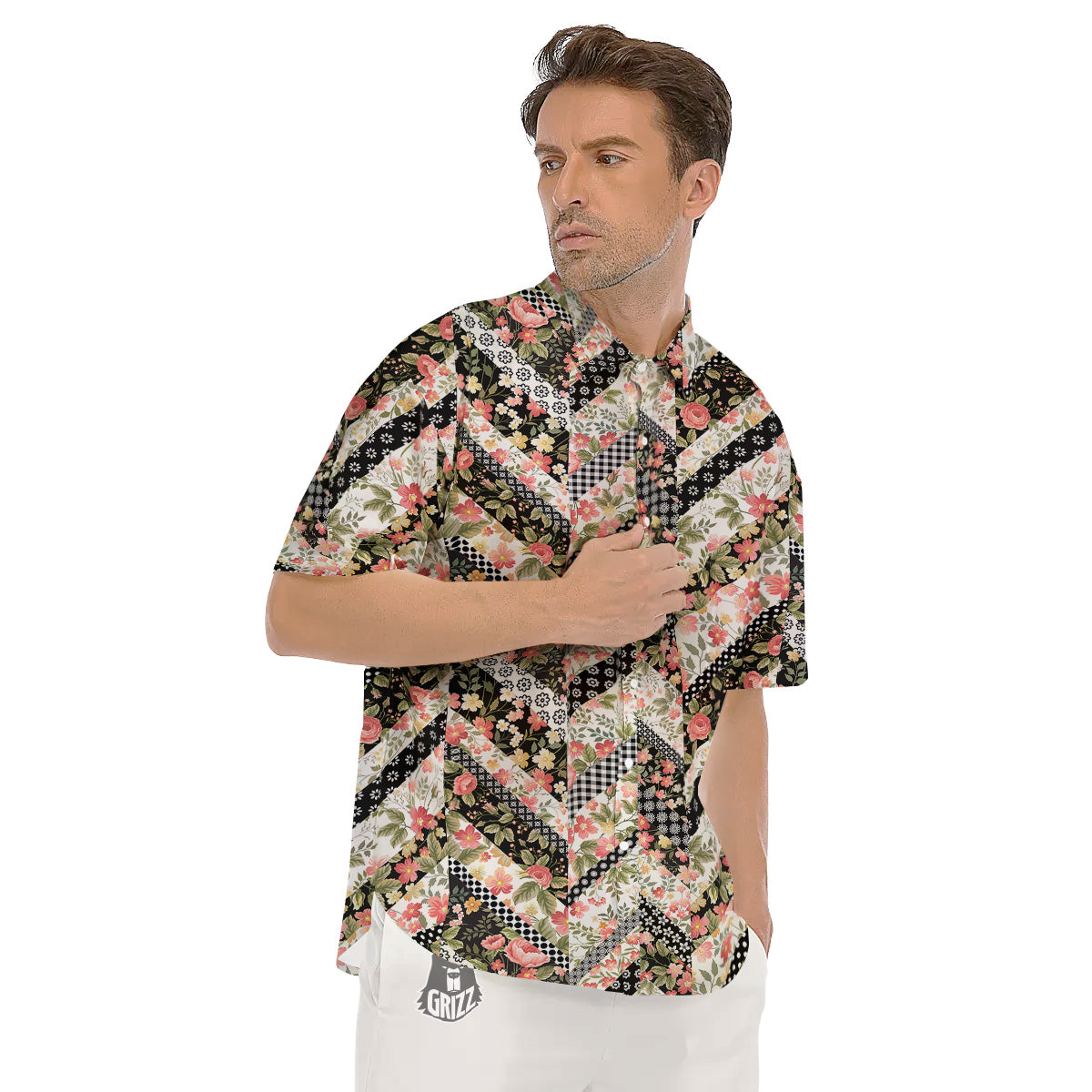 Zigzag Floral Patchwork Print Pattern Men's Short Sleeve Shirts-grizzshop