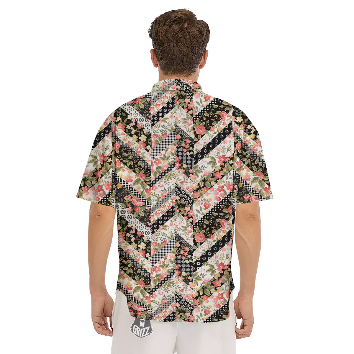 Zigzag Floral Patchwork Print Pattern Men's Short Sleeve Shirts-grizzshop