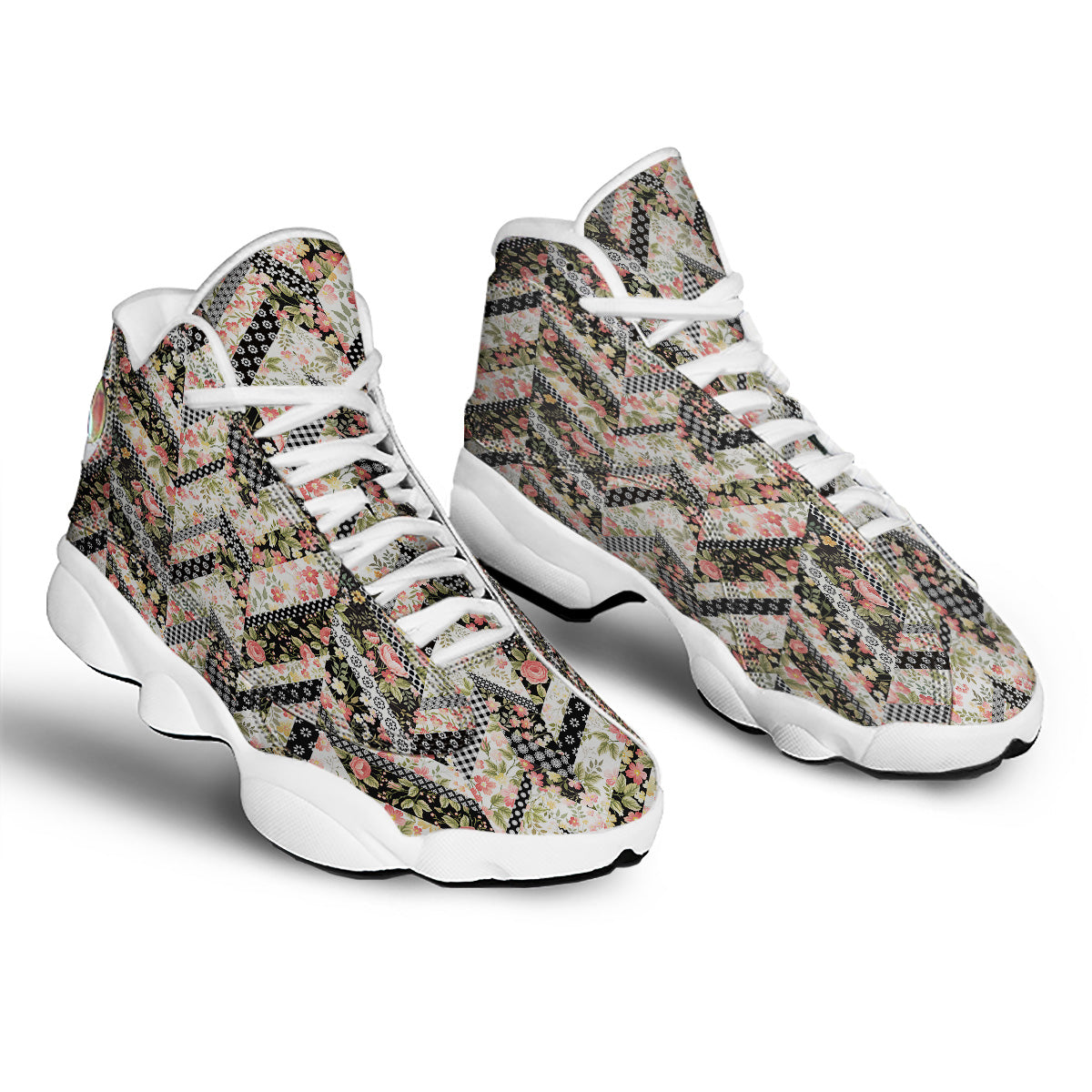 Zigzag Floral Patchwork Print Pattern White Basketball Shoes-grizzshop