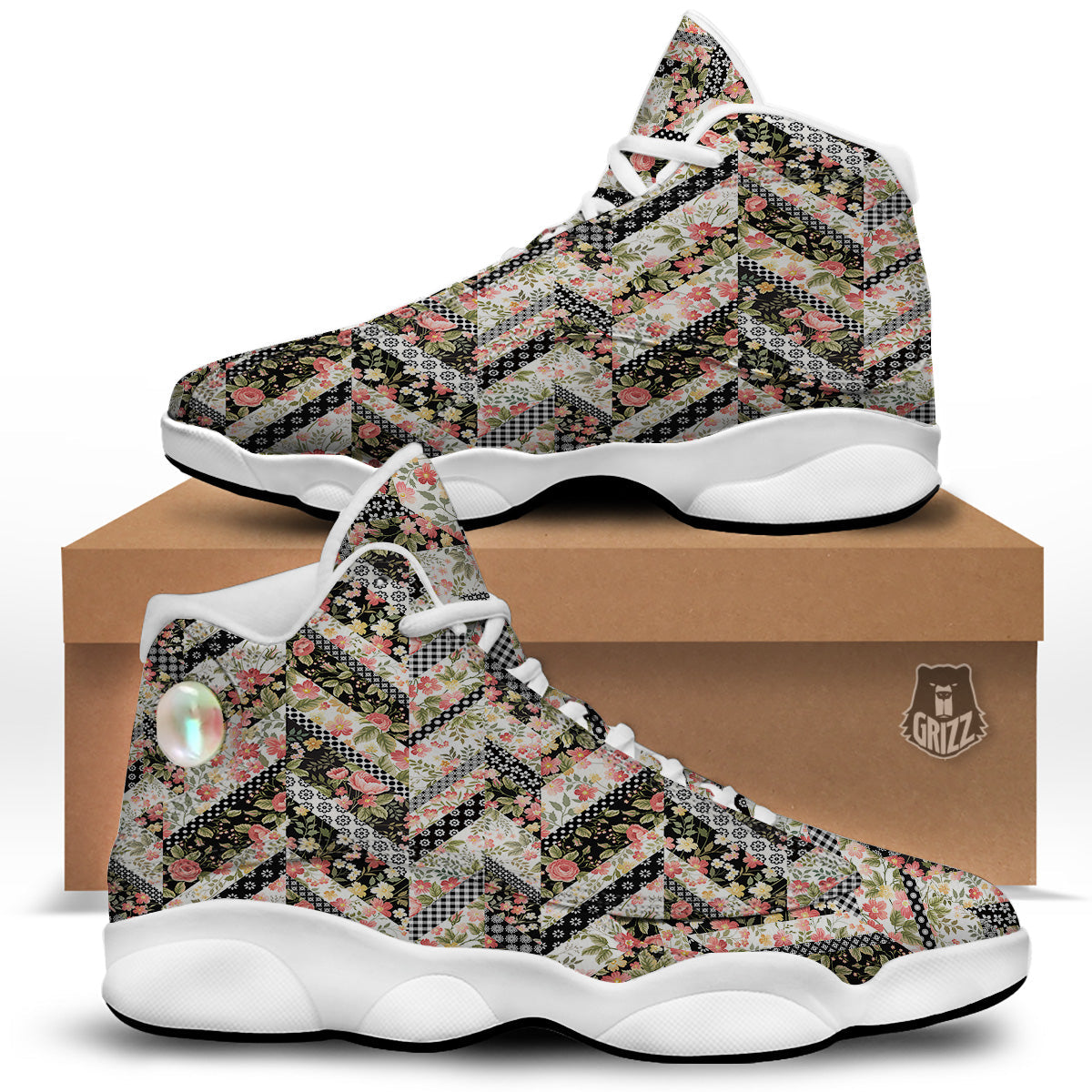 Zigzag Floral Patchwork Print Pattern White Basketball Shoes-grizzshop