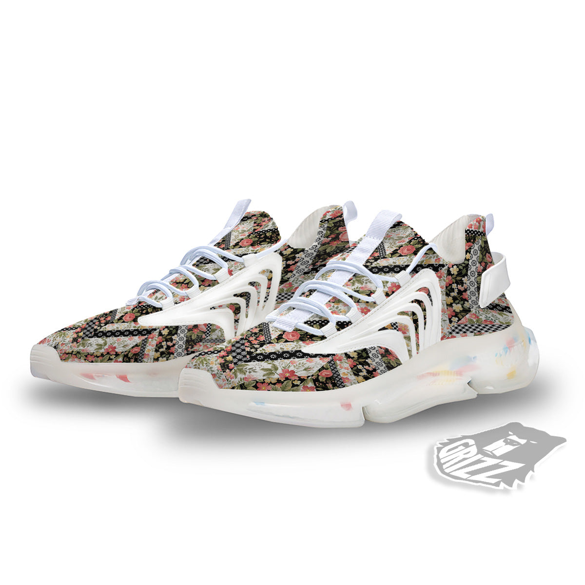 Zigzag Floral Patchwork Print Pattern White Gym Shoes-grizzshop