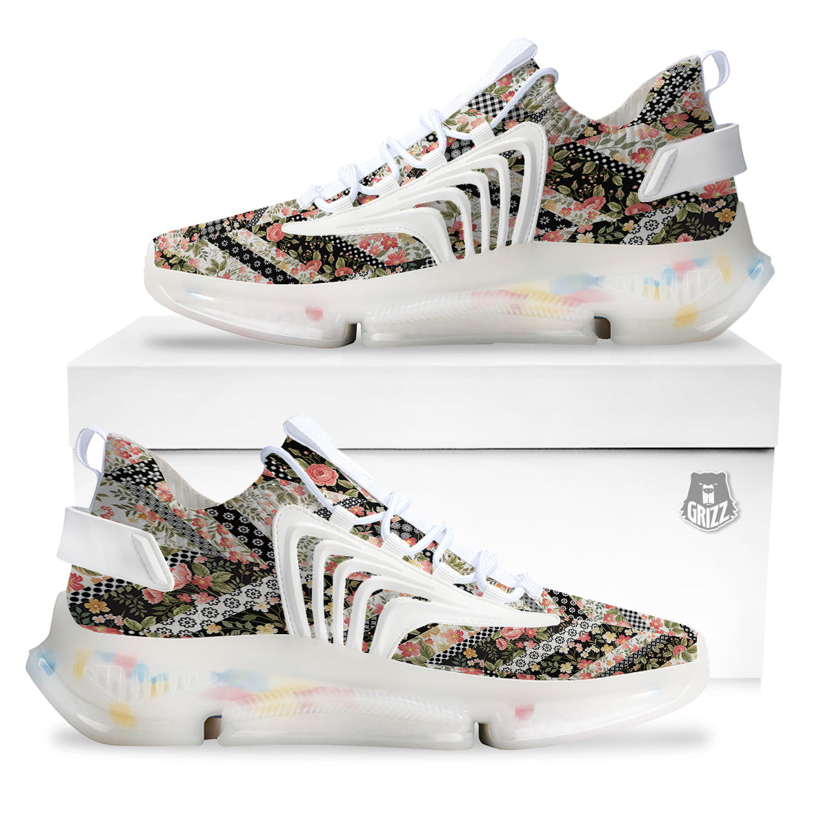Zigzag Floral Patchwork Print Pattern White Gym Shoes-grizzshop