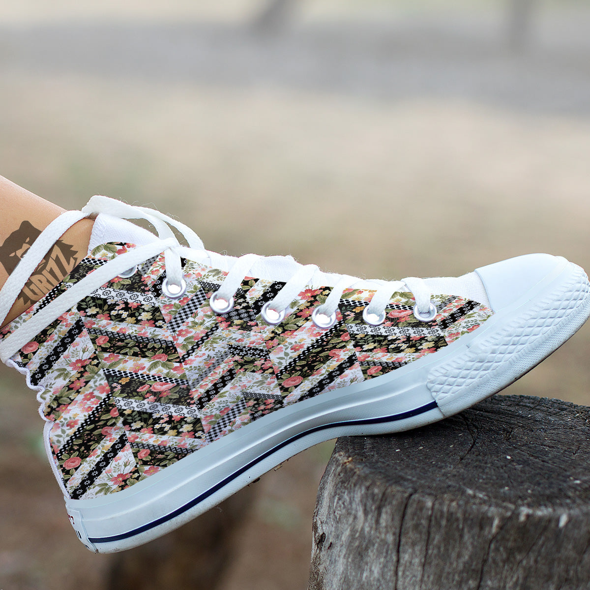 Zigzag Floral Patchwork Print Pattern White High Top Shoes-grizzshop