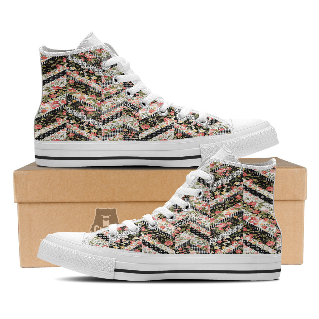 Zigzag Floral Patchwork Print Pattern White High Top Shoes-grizzshop