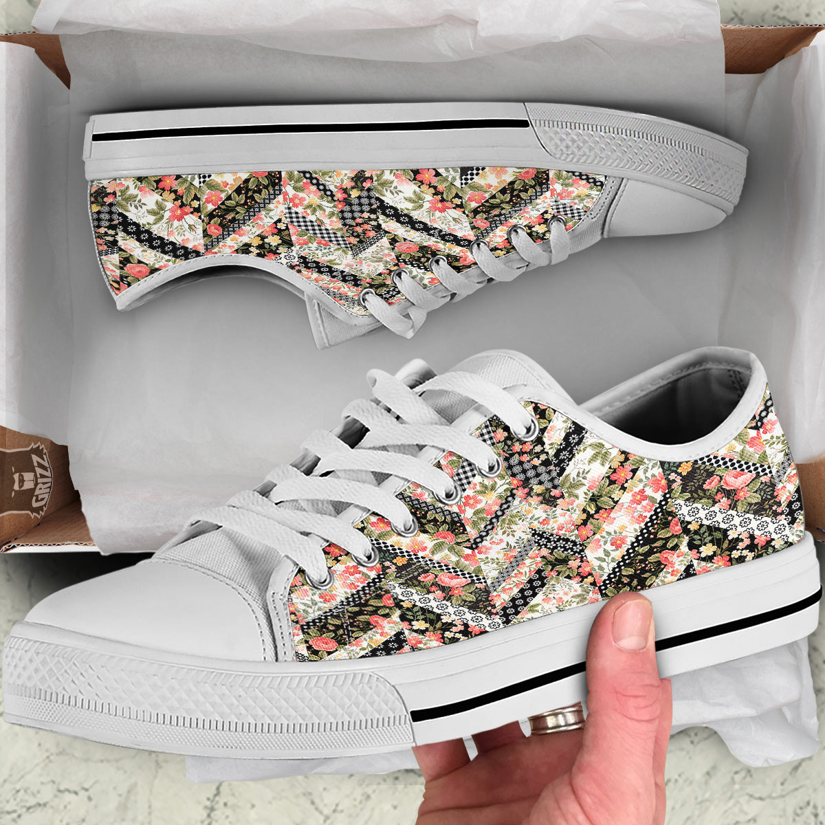 Zigzag Floral Patchwork Print Pattern White Low Top Shoes-grizzshop