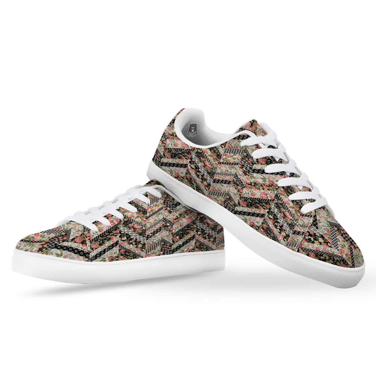 Zigzag Floral Patchwork Print Pattern White Low Top Sneakers-grizzshop