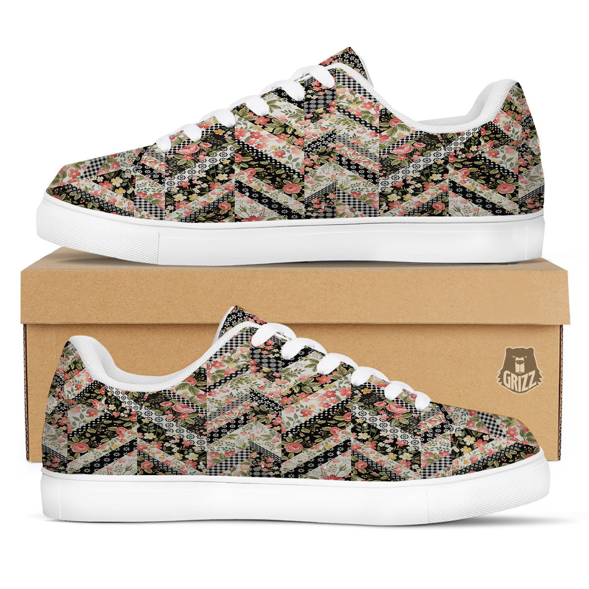 Zigzag Floral Patchwork Print Pattern White Low Top Sneakers-grizzshop