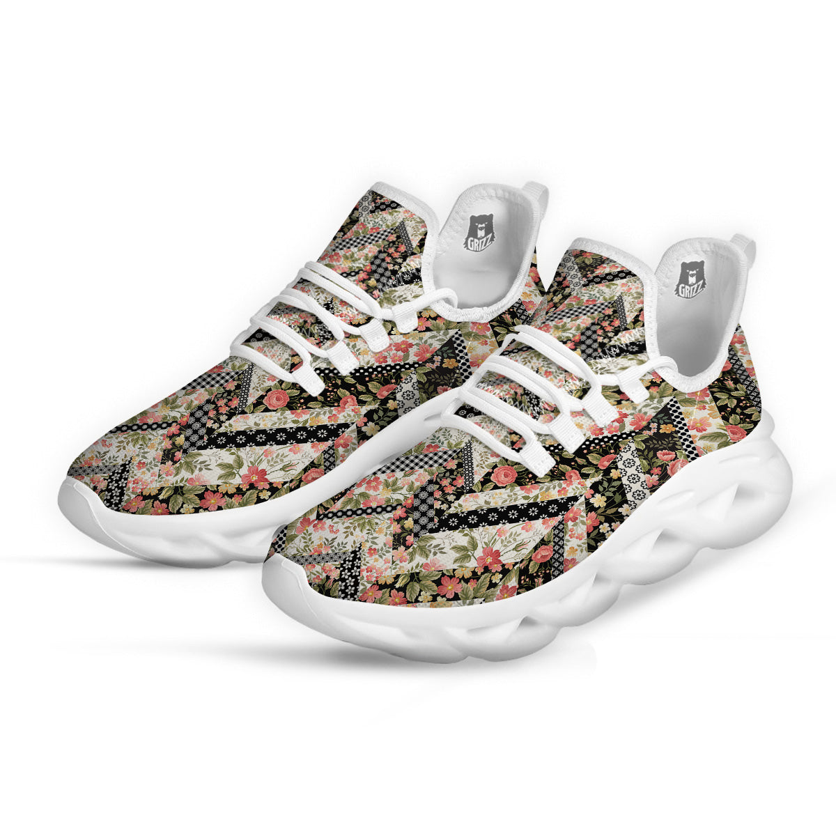 Zigzag Floral Patchwork Print Pattern White Running Shoes-grizzshop