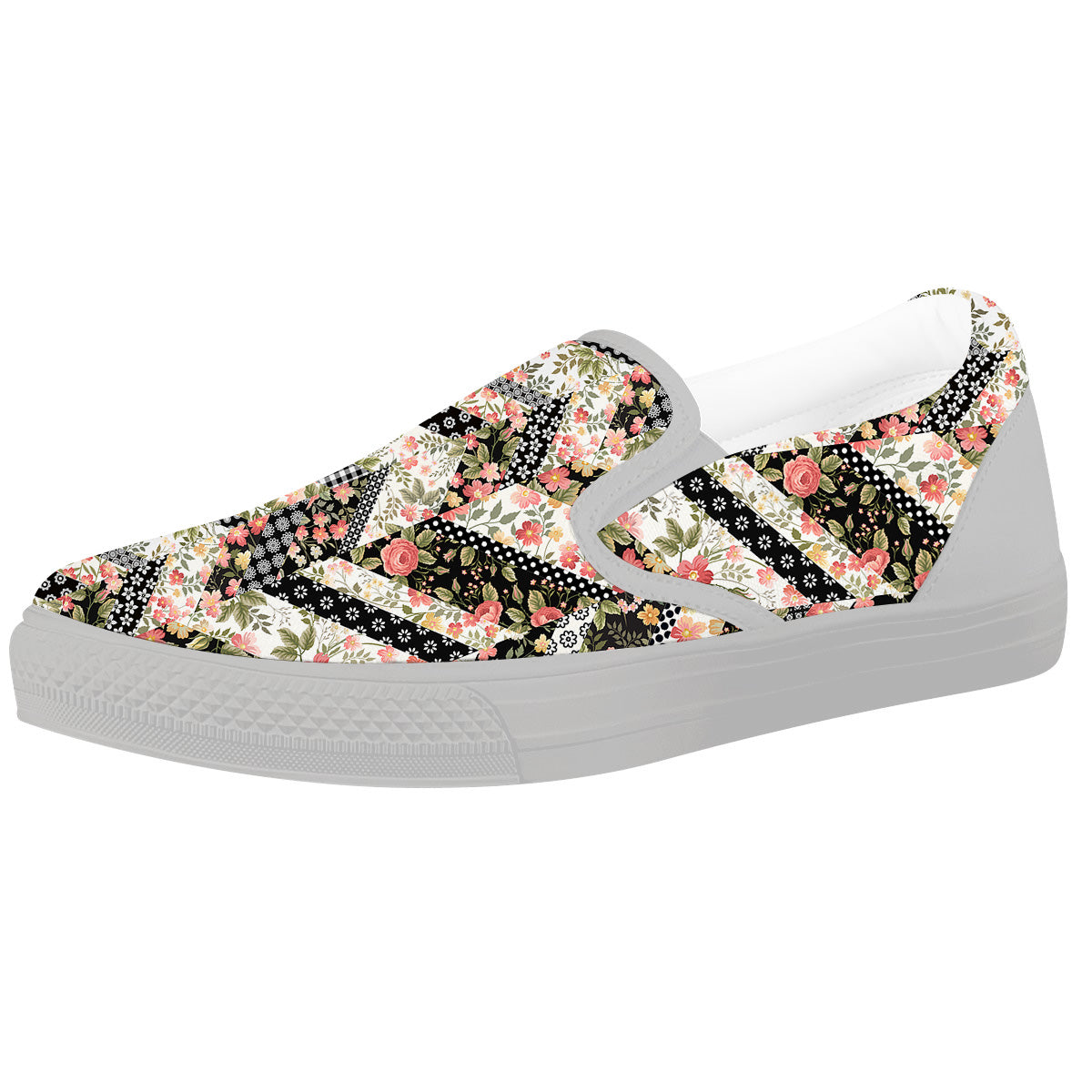 Zigzag Floral Patchwork Print Pattern White Slip On Shoes-grizzshop