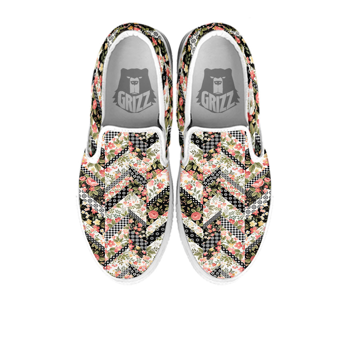 Zigzag Floral Patchwork Print Pattern White Slip On Shoes-grizzshop