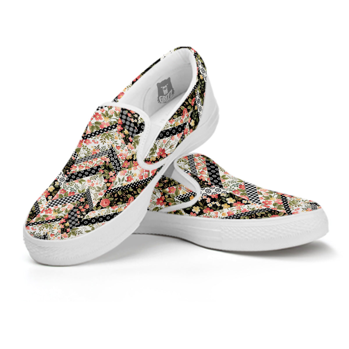 Zigzag Floral Patchwork Print Pattern White Slip On Shoes-grizzshop