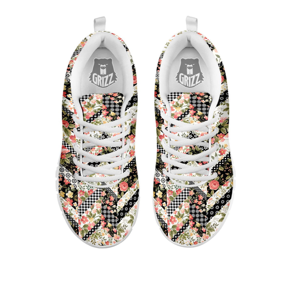 Zigzag Floral Patchwork Print Pattern White Sneaker-grizzshop