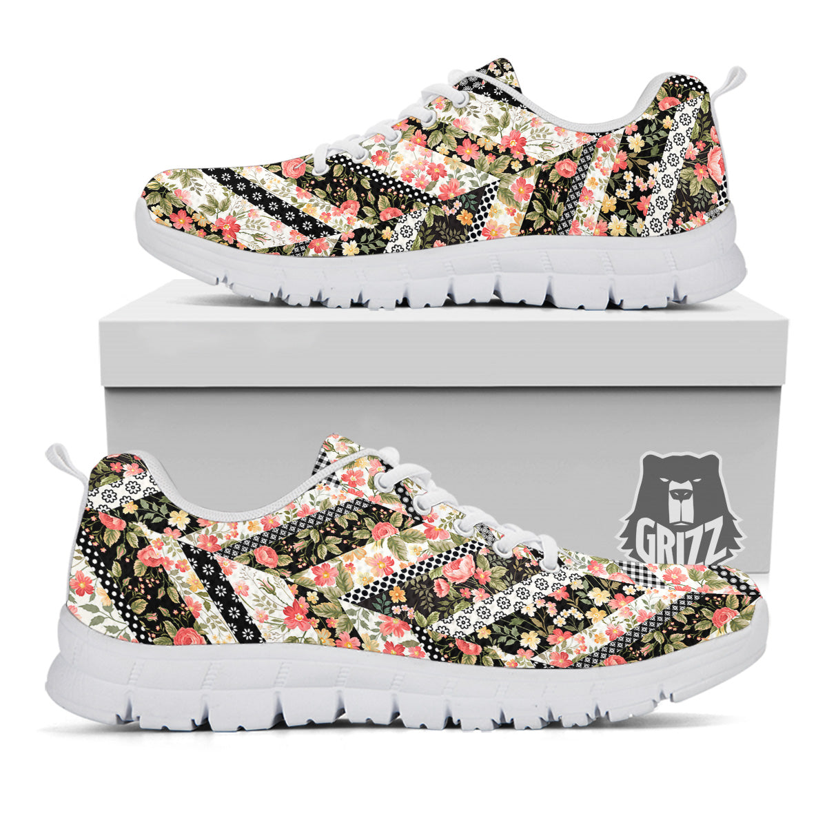 Zigzag Floral Patchwork Print Pattern White Sneaker-grizzshop